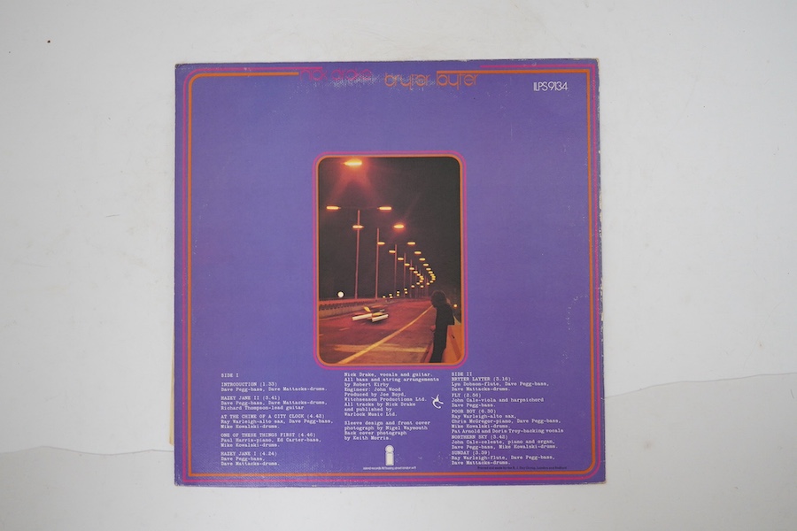 Nick Drake; Bryter Layter LP record album, on pink rimmed Island label, ILPS9134, A-1U/B-1U. Condition - fair to good, light surface scratches and some wear to the cover, mainly to the spine.